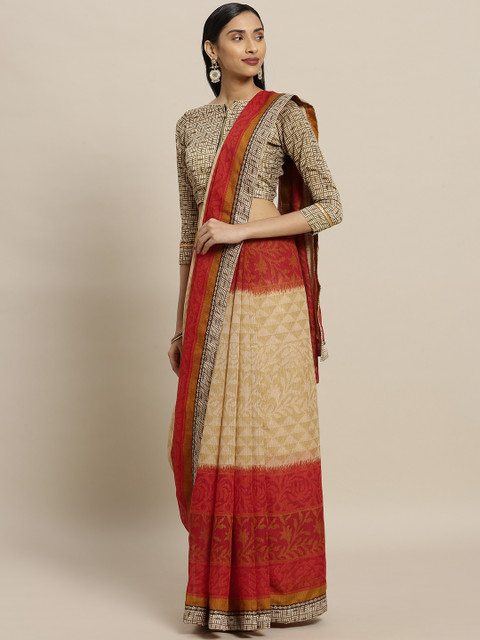 

Shaily Beige & Brown Polycotton Woven Design Saree