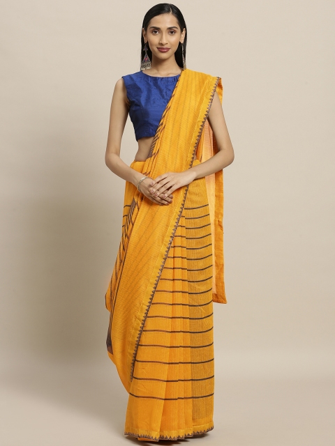 

Shaily Mustard Yellow & Navy Blue Polycotton Striped Saree