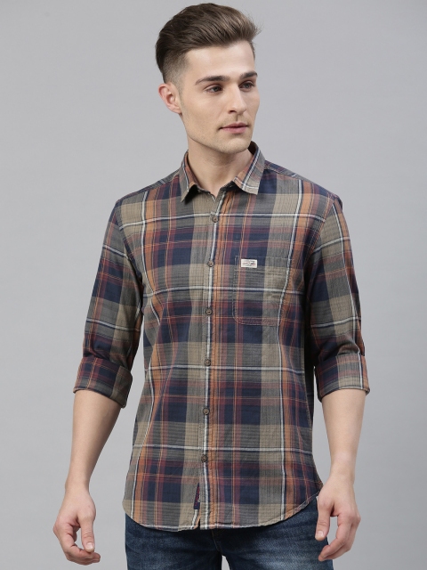 

U.S. Polo Assn. Denim Co. Men Beige & Navy Blue Slim Fit Checked Casual Shirt