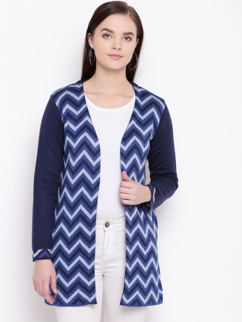 

American Eye Women Blue Self-Design Longline Front-Open Sweater