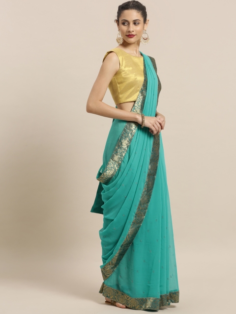 

Indian Women Teal Green Embellished Poly Chiffon Saree