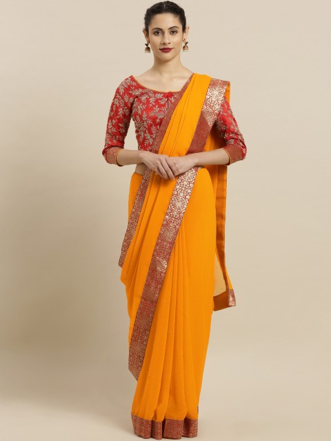 

Indian Women Mustard Yellow Embellished Poly Chiffon Saree