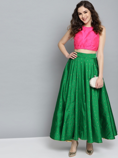 

HERE&NOW Women Green & Golden Self Design Flared Maxi Skirt