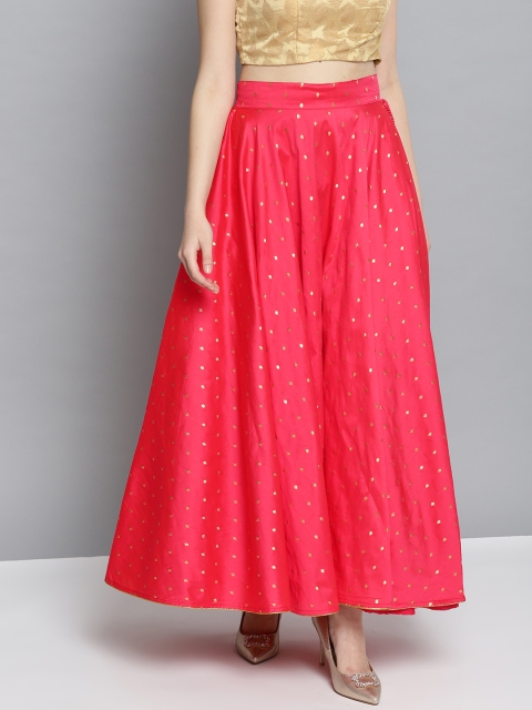 

HERE&NOW Women Pink & Golden Woven Design Maxi Flared Skirt