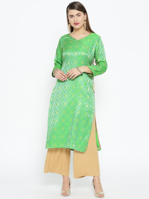 

HERE&NOW Women Green & Golden Woven Design Angrakha Straight Kurta