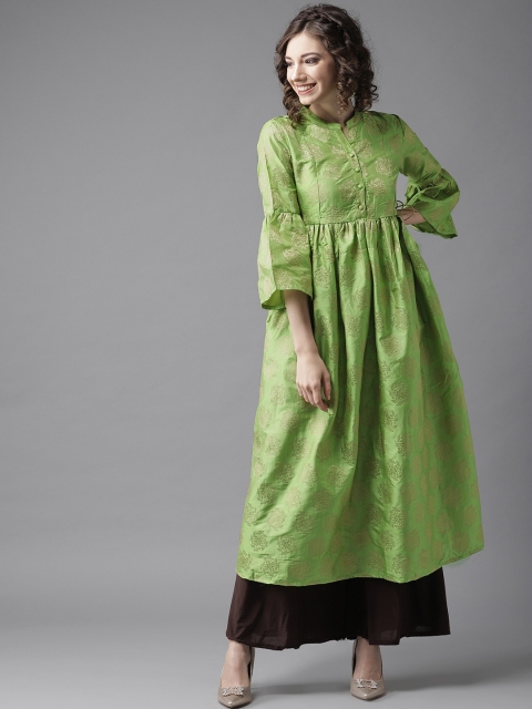 

HERE&NOW Women Green & Golden Woven Design A-Line Kurta