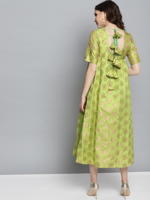 

HERE&NOW Women Green & Golden Floral Self Design Empire Dress