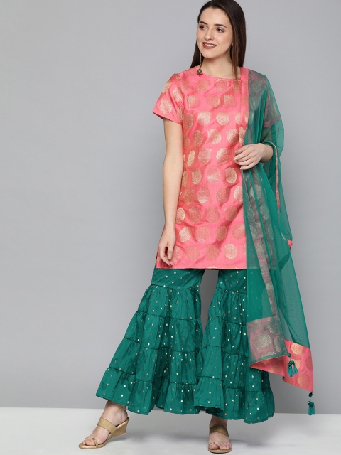

HERE&NOW Women Coral Pink & Teal Green Woven Design Kurta with Palazzos & Dupatta
