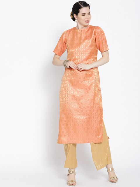 

HERE&NOW Women Peach-Coloured & Golden Woven Design Straight Kurta