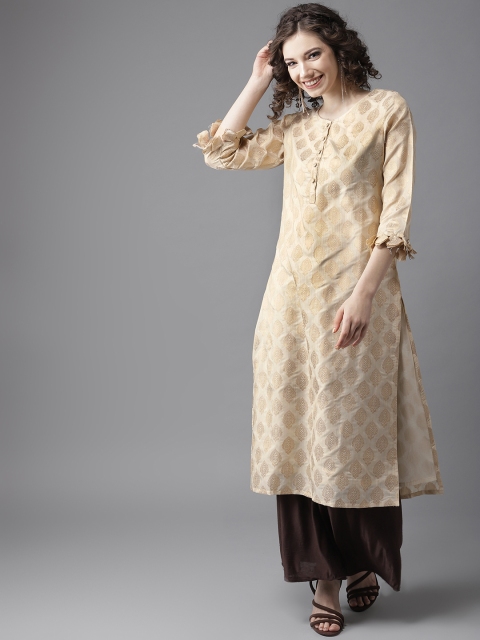 

HERE&NOW Women Beige & Golden Woven Design Straight Kurta