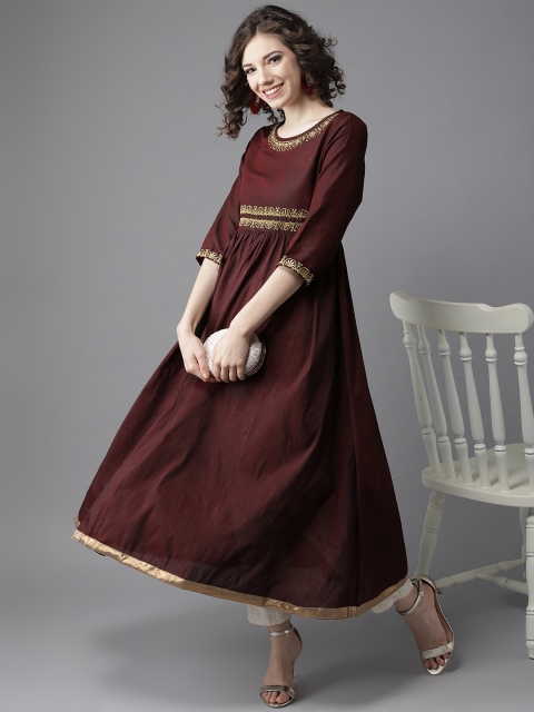 

HERE&NOW Women Maroon & Black Yoke Design A-Line Kurta