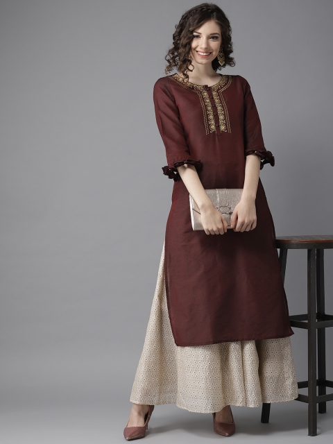 

HERE&NOW Women Maroon & Black Yoke Design Straight Kurta