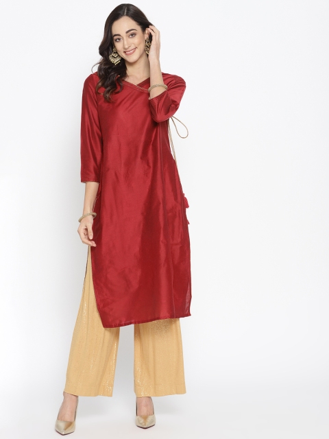 

HERE&NOW Women Red Self-Striped Angrakha Straight Kurta