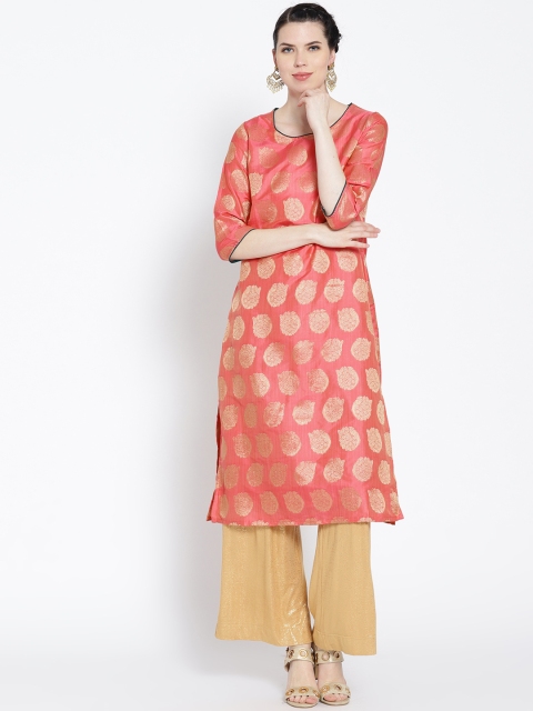 

HERE&NOW Women Peach-Coloured & Golden Woven Design Straight Kurta