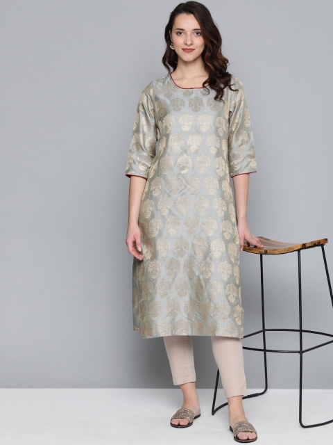 

HERE&NOW Women Grey & Golden Woven Design Straight Kurta