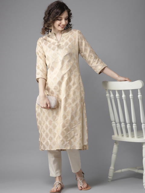 

HERE&NOW Women Beige & Golden Woven Design Straight Kurta