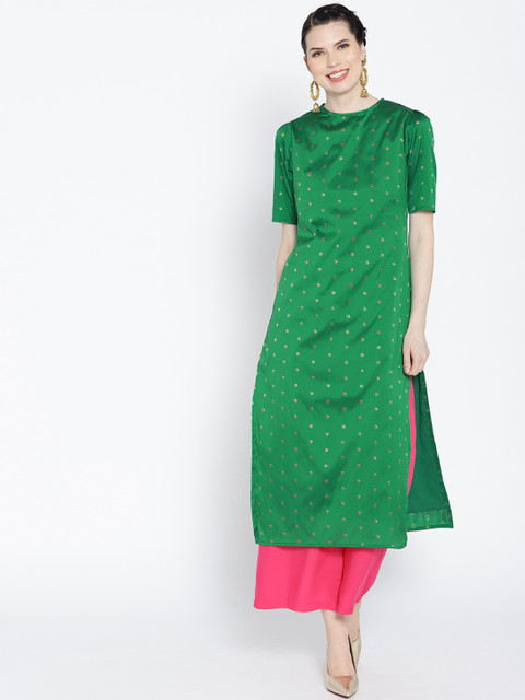 

HERE&NOW Women Green & Golden Woven Design Straight Kurta