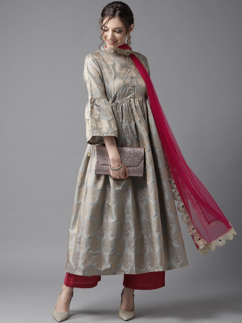 

HERE&NOW Women Grey & Golden Printed Kurta with Palazzos & Dupatta