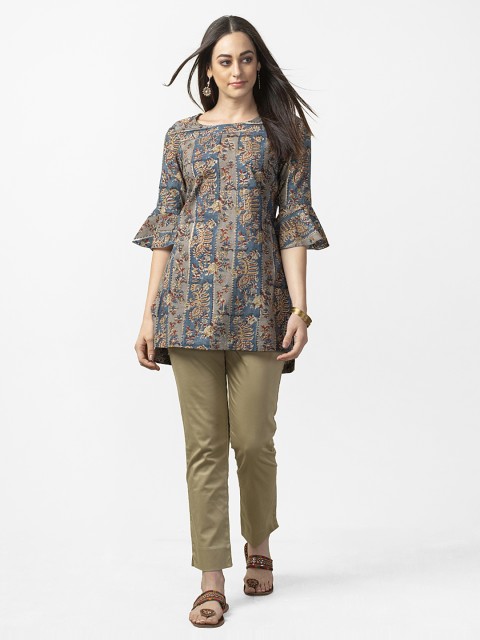 

Fabindia Grey & Blue Hand-Block Print Tunic