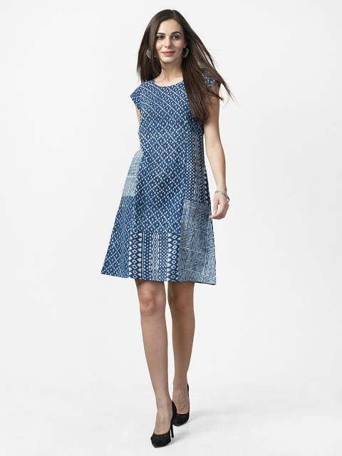 

Fabindia Women Navy Blue & Off-White Handblock Print A-Line Dress