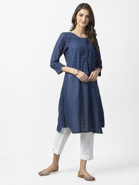 

Fabindia Women Navy Blue Self Checked Semi-Sheer A-Line Kurta