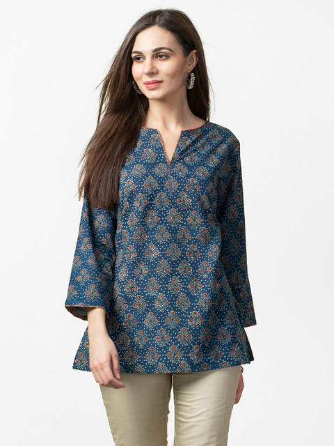 

Fabindia Women Navy Blue & Maroon Ajrakh Printed A-Line Kurti