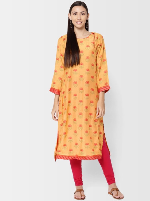 

Fabindia Women Yellow & Pink Floral Print Straight Kurta