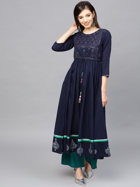 

Rain & Rainbow Women Navy Blue Yoke Design Anarkali Kurta