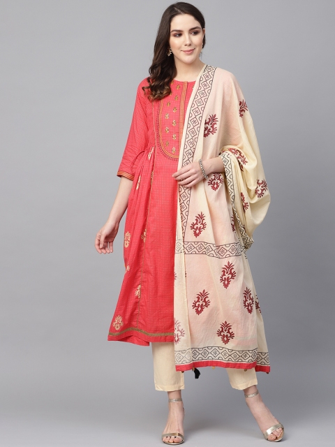 

Rain & Rainbow Women Pink & Cream-Coloured Printed Kurta with Trousers & Dupatta