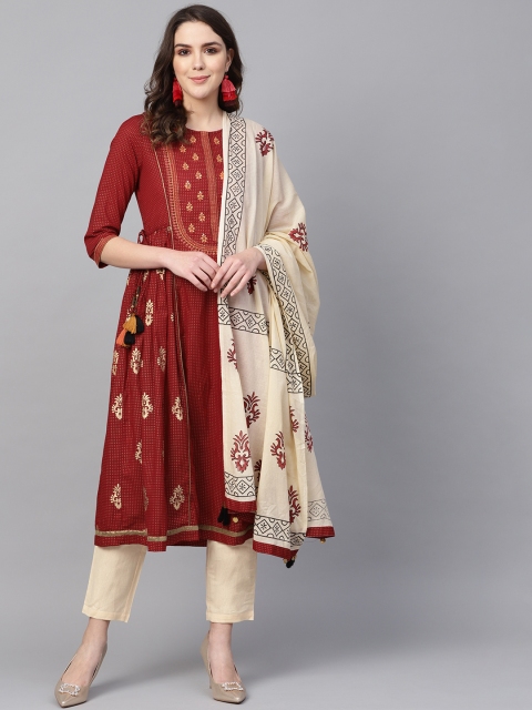 

Rain & Rainbow Women Maroon & Cream-Coloured Printed Kurta with Trousers & Dupatta