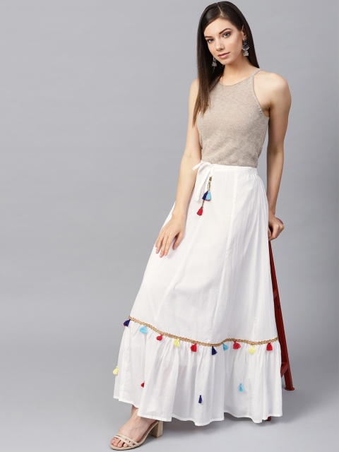 

Rain & Rainbow Women White Solid Pure Cotton Maxi Flared Skirt