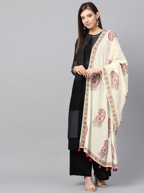 

Rain & Rainbow Cream-Coloured & Pink Block Print Dupatta