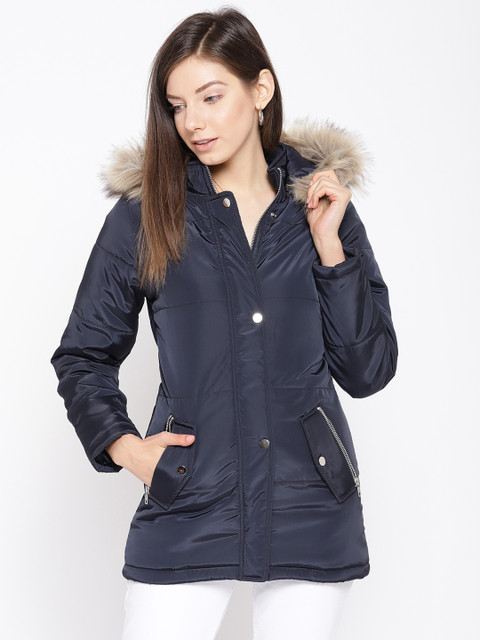 

Trufit Women Navy Blue Solid Insulator Parka Jacket with Detachable Hood