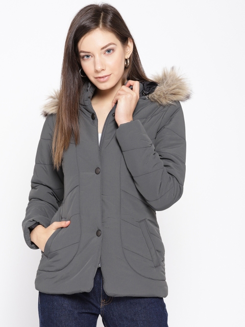 

Trufit Women Grey Solid Insulator Parka Jacket with Detachable Hood
