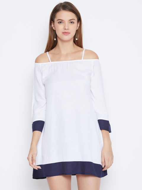 

DODO & MOA Women White & Navy Blue Solid A-Line Dress