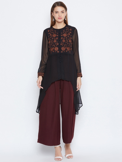 

DODO & MOA Women Black & Brown Embroidered Semi-Sheer High-Low A-Line Kurta