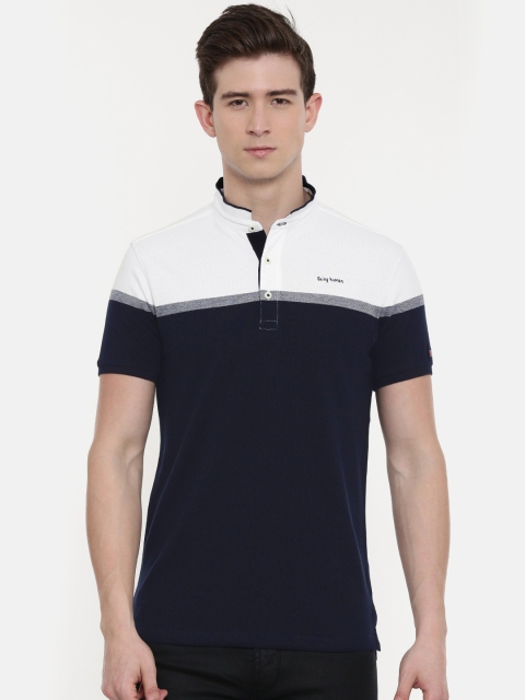 

Being Human Men Navy Blue & White Colourblocked Mandarin Collar T-shirt