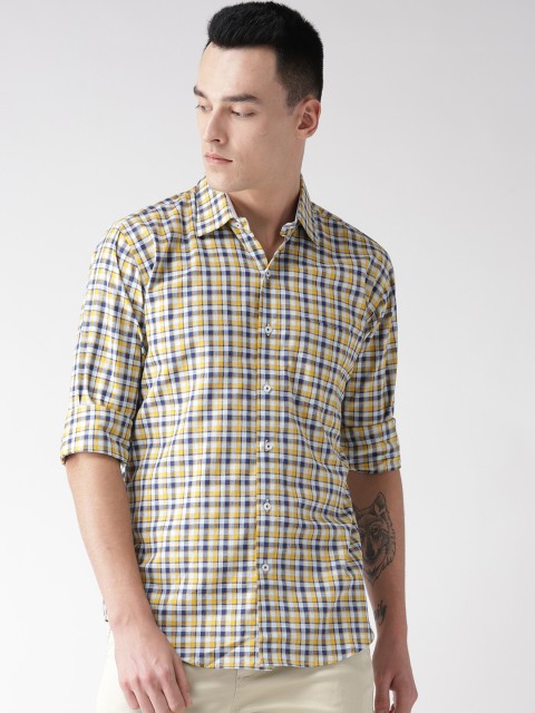 

The Vanca Men Yellow & Navy Blue Regular Fit Checked Casual Shirt