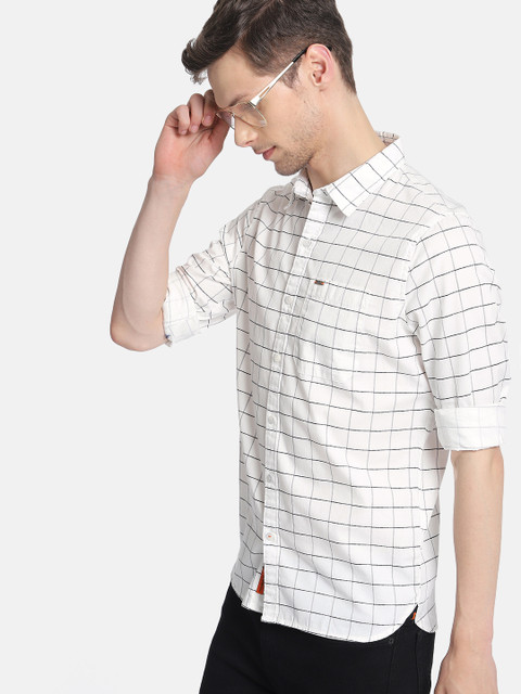 

SINGLE Men White & Black Slim Fit Checked Casual Shirt