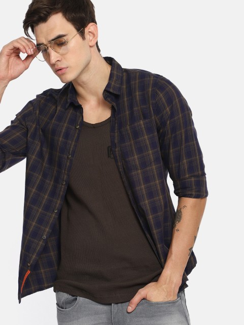 

SINGLE Men Navy Blue & Olive Green Slim Fit Checked Casual Shirt