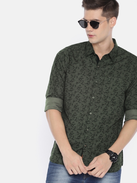 

SINGLE Men Olive Green & Black Slim Fit Printed Casual Shirt