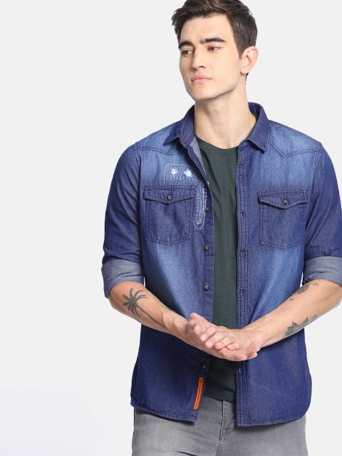 

SINGLE Men Blue Slim Fit Solid Casual Chambray Shirt