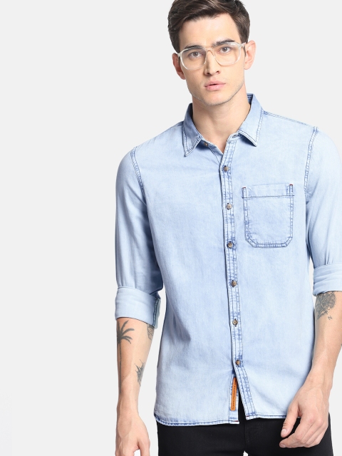 

SINGLE Men Blue Slim Fit Solid Casual Chambray Shirt