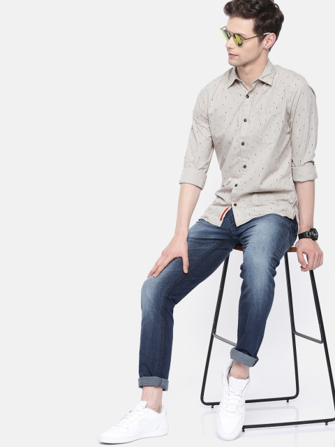 

SINGLE Men Grey Slim Fit Printed Casual Shirt