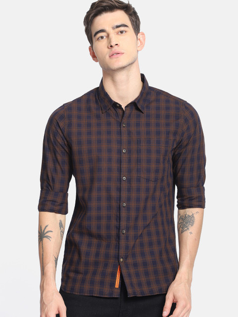 

SINGLE Men Navy Blue & Brown Slim Fit Checked Casual Shirt