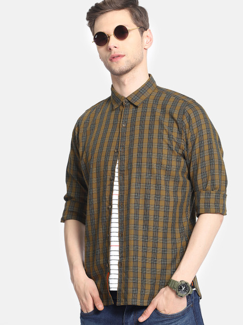 

SINGLE Men Olive Green Slim Fit Checked Casual Shirt