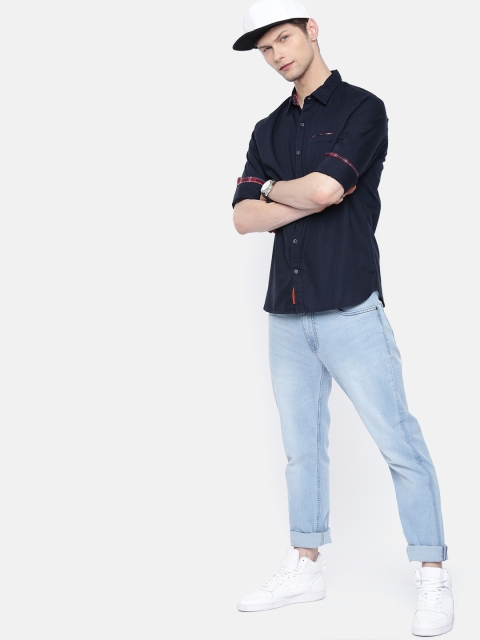 

SINGLE Men Navy Blue Slim Fit Self-Design Casual Shirt