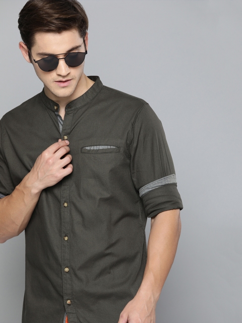 

SINGLE Men Dark Olive Green Slim Fit Solid Casual Shirt