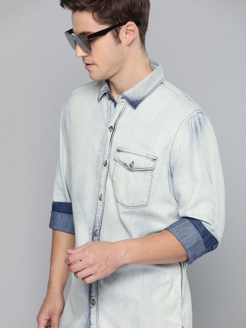 

SINGLE Men Blue Slim Fit Solid Casual Denim Shirt
