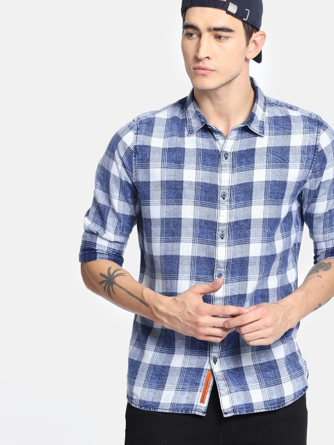 

SINGLE Men Blue Slim Fit Checked Casual Shirt